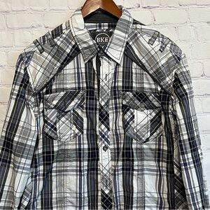 BKE Men's Black and White Plaid Shirt Long Sleeve Flap Pockets